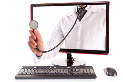 Doctor with stethoscope on a computer monitor.